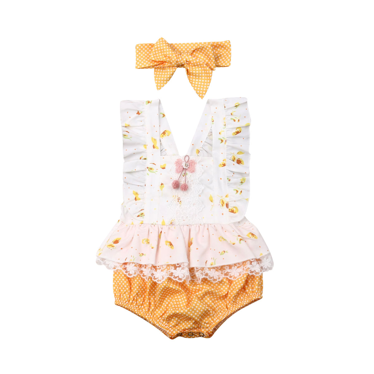 Sweet Newborn Baby Girl Ruffle Flower&Dots Lace Romper Jumpsuit Headband Clothes-image-484321875