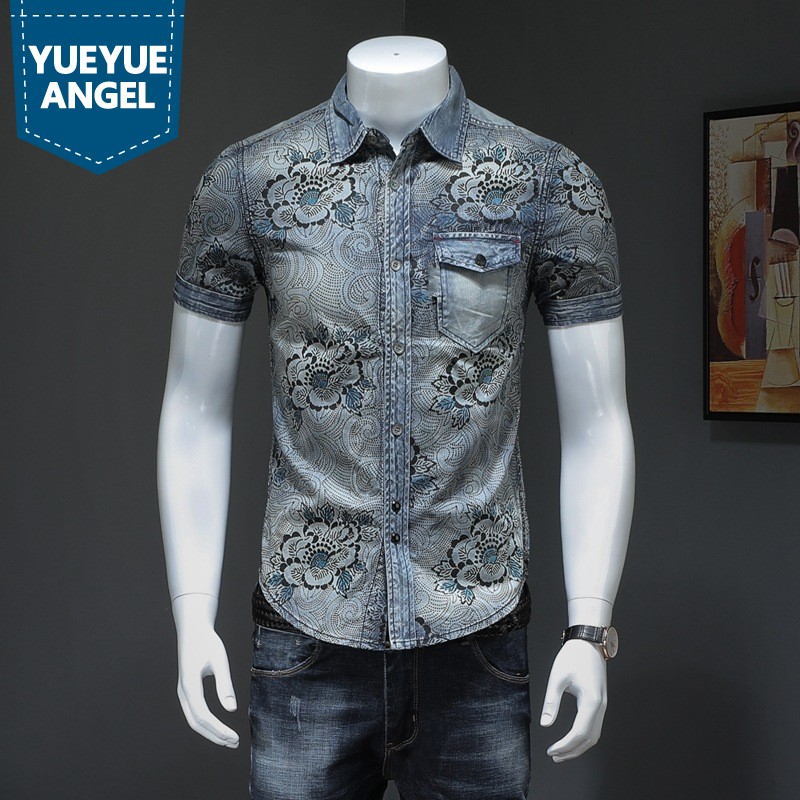 

Vintage Printing Denim Shirts Men Summer 2020 Short Sleeve Floral Cowboy Shirts Tops Street Single Breasted Casual M-3XL, As picture