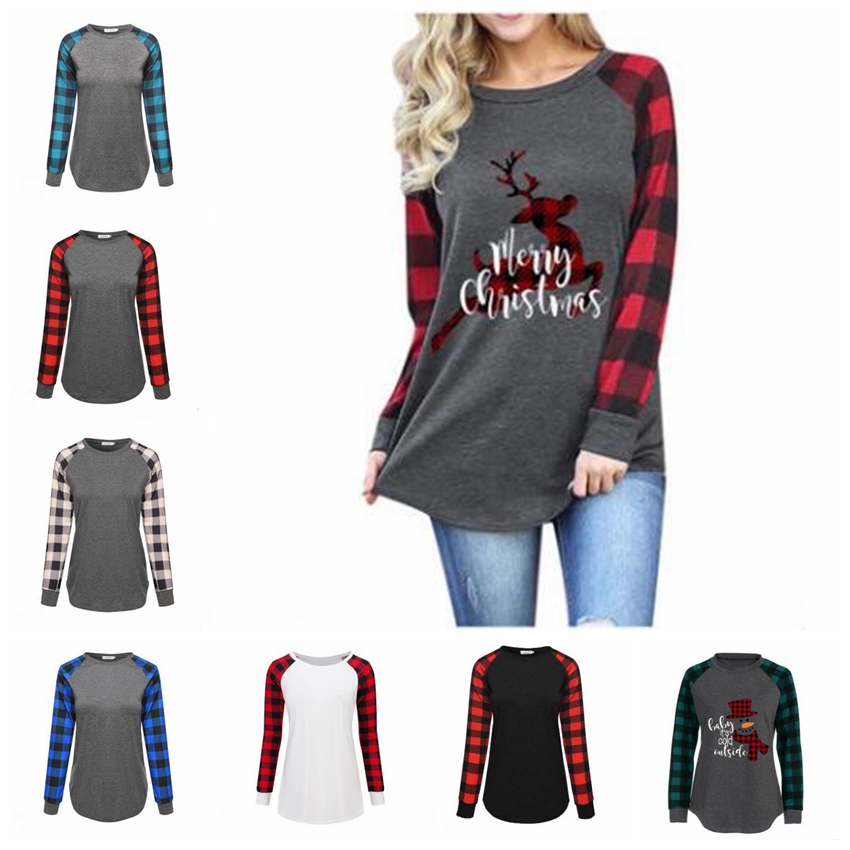 

Women Plaid Christmas T-shirt Plus Size Xmas Tops Elk Long Sleeve Shirts Letter Print Patchwork Tees Cotton Casual Blouse Neck Blusas D6823