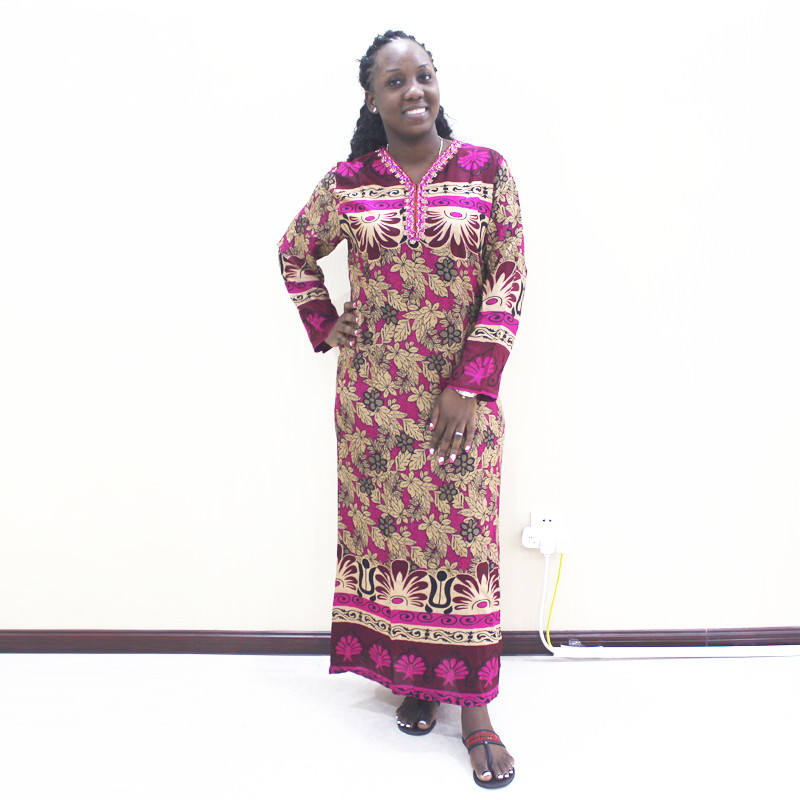 

Dashikiage Autumn Tribal Print Shirred Detail Dress Women Bohemian V Neck Sequins Applique Dresses