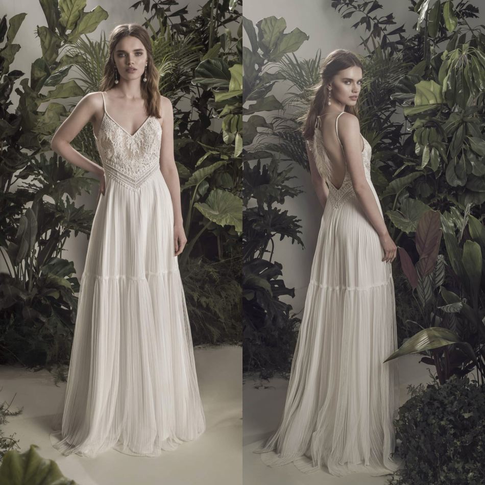 

Fashion Wedding Dresses Spaghetti V Neck Appliques Lace Feather Bridal Gowns Custom Made Backless Sweep Train A-Line Wedding Dress, Pink