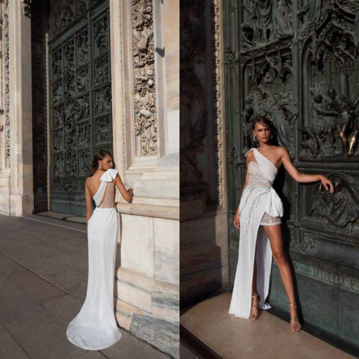 

Julie Vino Mermaid Wedding Dresses High Low Applique Crystal Sequins One Shoulder Wedding Dress Tulle With Glitter Bridal Gowns, Multicolor