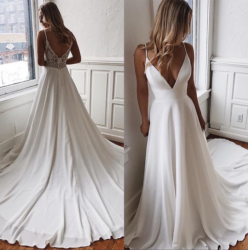 

Deep V Neck Satin A Line Summer Beach Wedding Dresses Tulle Lace Applique Beaded Sweep Train Bridal Wedding Gowns BC2369, Black