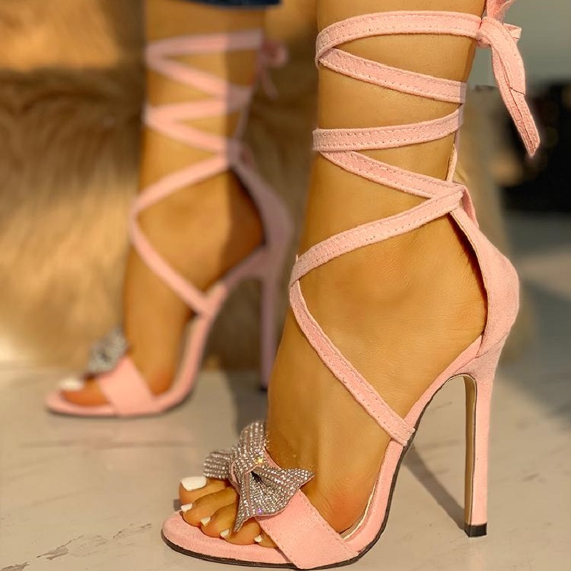 

Summer Women High Heels Sandals Luxury Crystal Bow Lace Up Party Shoes Sexy Ankle Strap Open Toe Stiletto Ladies Wedding Sandals, Black