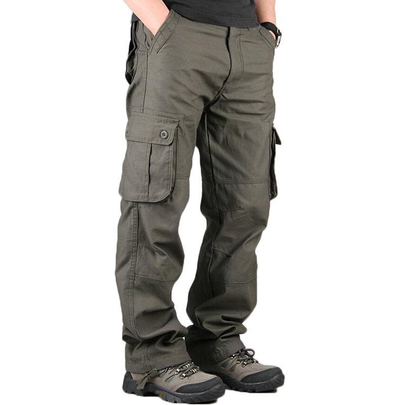 

100% Cotton Men's Cargo Pants Multi Pockets Track Loose Straight Long Trousers Mens High Quality Tactical Army Pants, Khaki