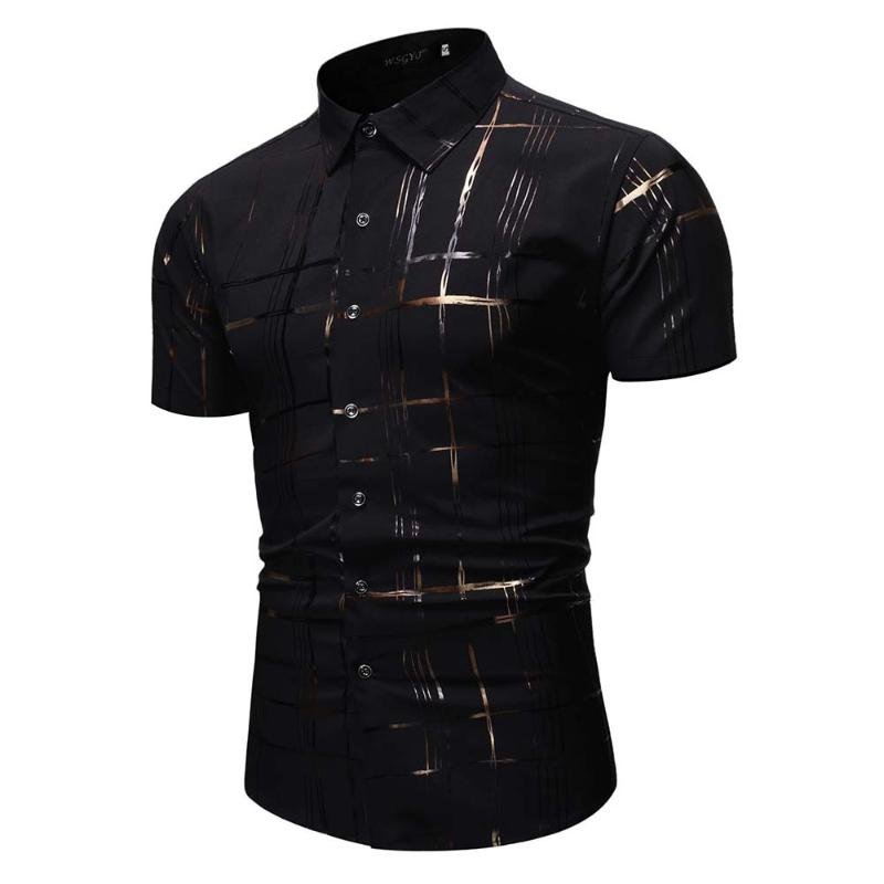 

Men' new summer vacation leisure fashion business personality slim plaid printed short-sleeved shirt wedding European size XXL, Black