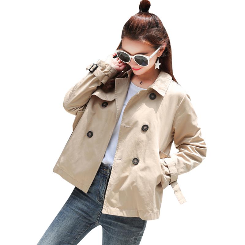 

New Women Spring Autumn Trench Coat Coats Loose Casual Turn-down Collar Double Breasted Short Outerwear Female, Khaki