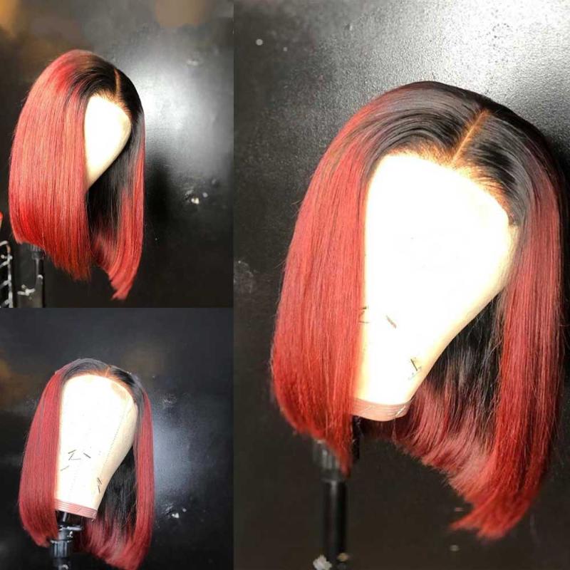 

13*6 Deep Part Lace Front Human Hair Wig Short Pixie Cut Bob Pre Plucked Brazilian Remy Straight 1B/Red Ombre Colored Wig, As pic