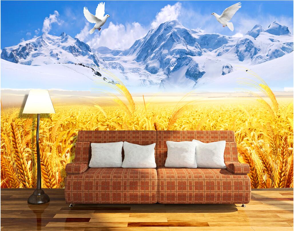 

WDBH 3d wallpaper custom photo Snowy mountain pigeons in wheat field living room painting Home decor 3d wall muals wall paper for walls 3 d, Non-woven