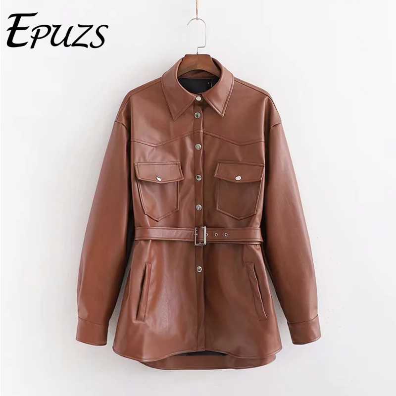 

Winter black Khaki belt PU Leather Jacket women biker jacket Streetwear rock Punk Motorcycle Coat ladies Faux outwear 2019