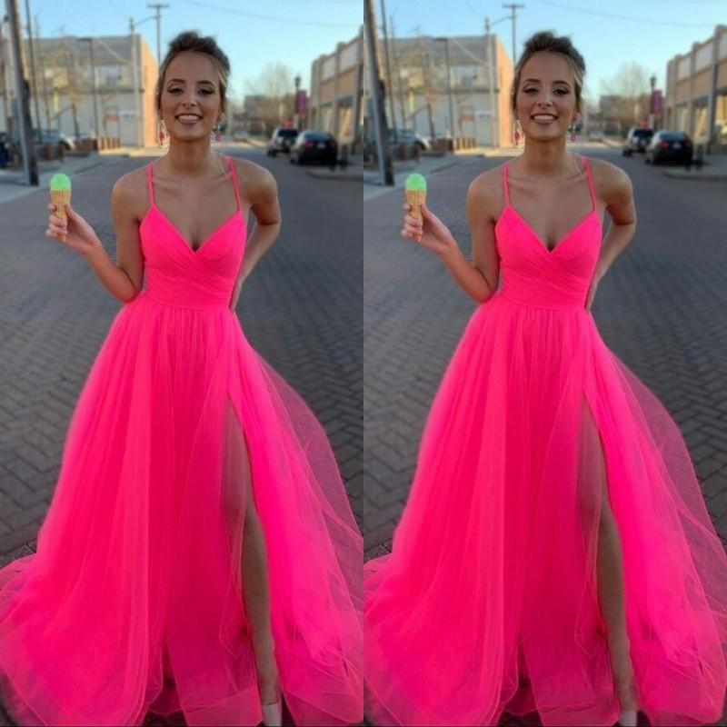 

Attractive Spaghetti Strap Tulle Fuchsia Prom Dresses Pleats Ruched A Line Side Split Long Evening Party Gowns robes de soiree, Hunter