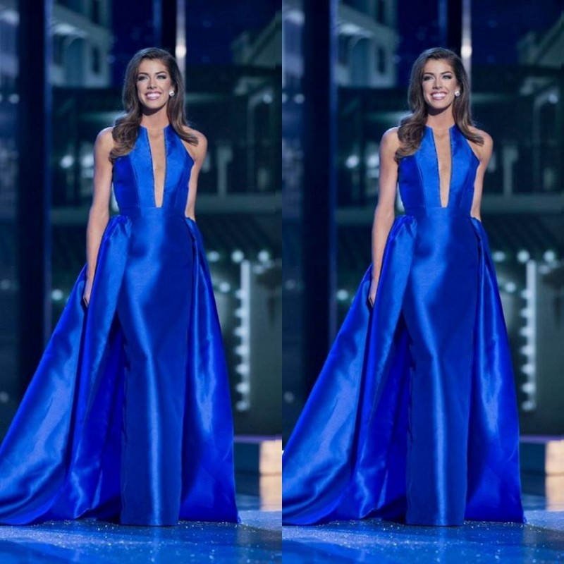 

Modern Jewel Neck Sleeveless Satin Mermaid Evening Formal Dresses 2020 Fashion Royal Blue Red Carpet Celebrity Dresses With Detachable Train, Gray