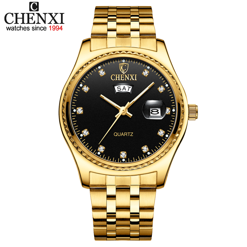 

CHENXI Male Watch Business Men Watch Stainless Steel Belt Golden Clock Fashion Men's Quartz Wristwatches Calendar Relogio Masculino, Men golden dial