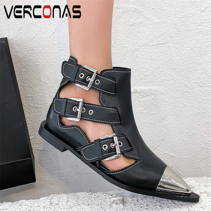 

VERCONAS 2020 Fashion Woman Boots Woman Pumps Genuine Leather New Arrival Metal Decoration Pointed Toe Square Heeled Shoes, Black