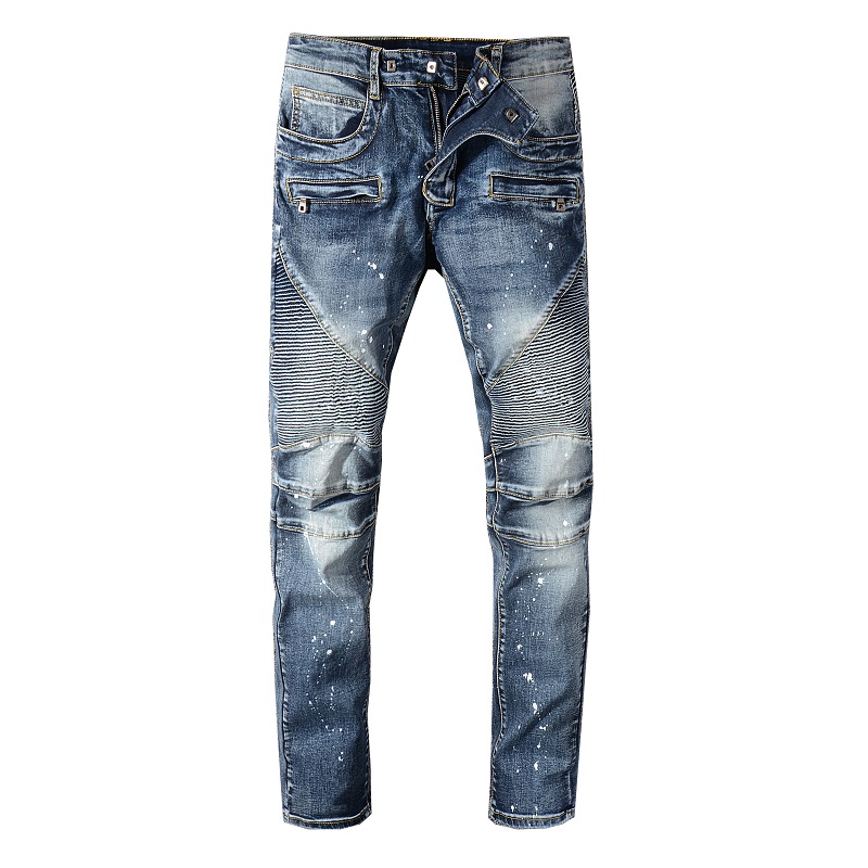 

Fashion Streetwear Men Jeans High Quality Blue painted blue pleated biker jeans for motorcycle Slim fit Men Cargo Pants, 1077