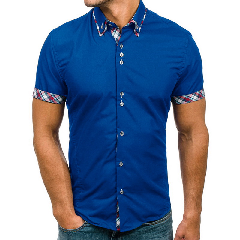 

Laamei Men's Shirt Classic Double Collar Mens Casual Slim Short Sleeve Shirt Plaid Color Match Male Dress Shirts Fashion Summer, Black