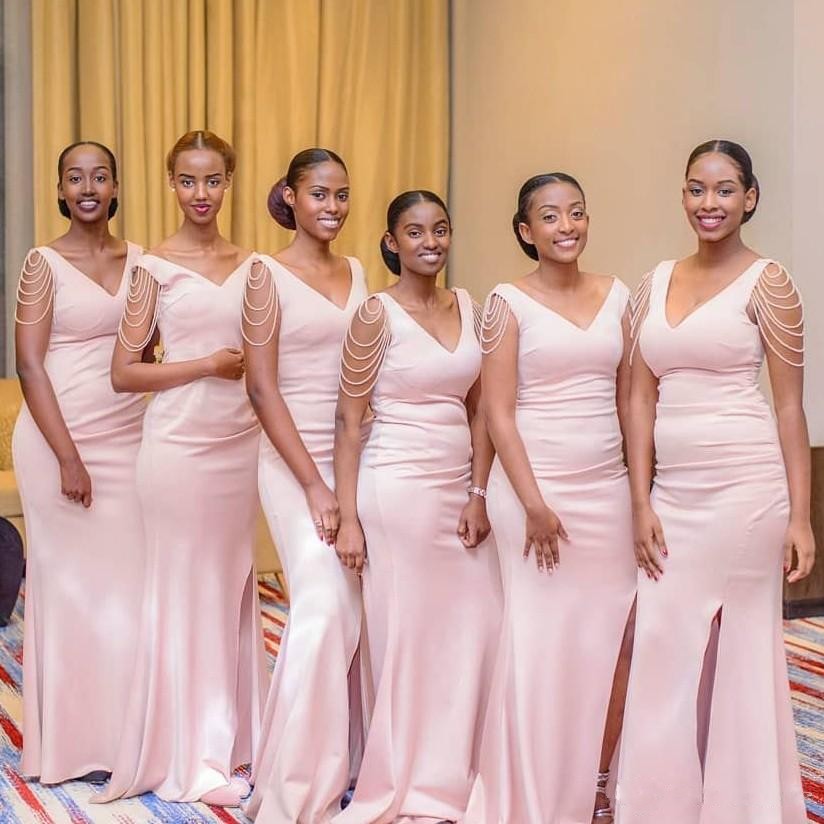

Spring 2020 New Bridesmaids Dresses V Neck Fitted Split Skirt Pearls Beading Embellishment Blush Pink Maid of Honor Dresses for Weddings