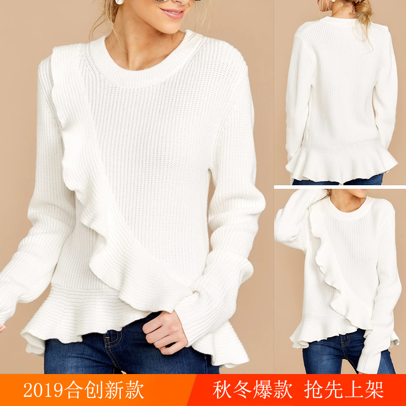 

Autumn and winter women' popular sweater fashion solid color Ruffle Pullover long sleeve round neck casual knitting top, White