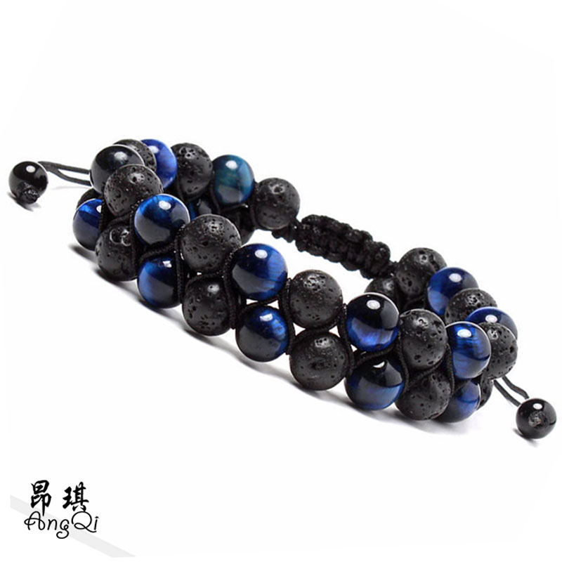 

AngQi 8mm Natural lava Stone Tiger Eye Beads Double Layer Link Cord Bracelets Adjustable Woven Wrap for Women Men Factory Price