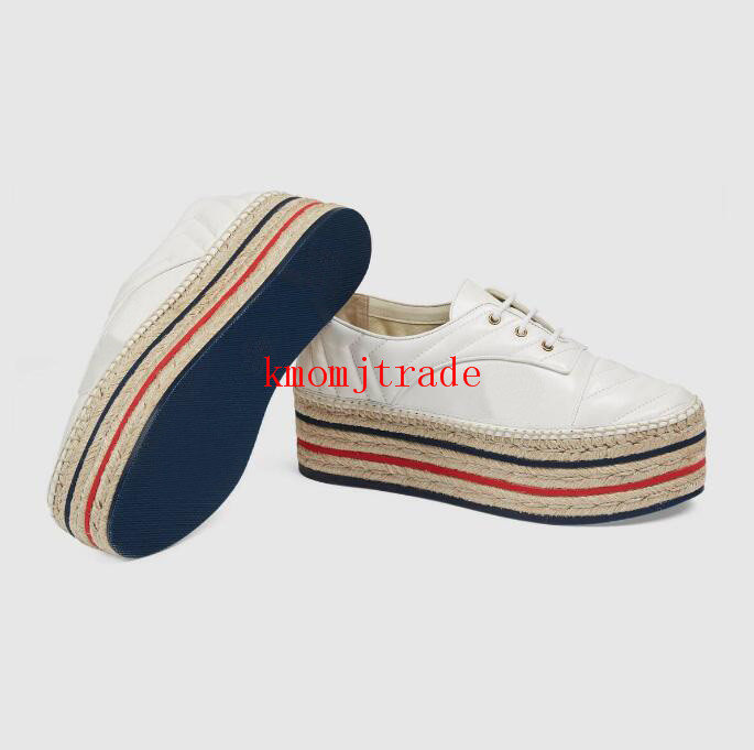 

Women Designer Shoes Leather Platform Espadrille Platform Sole Blue And Red Web Stripe G Lace-up White Leather Espadrille Sneakers