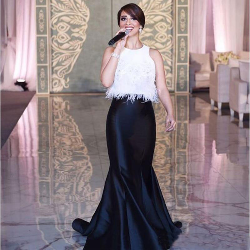Saudi Arabic Two Piece Feather Evening Gowns White Top Mermaid Prom Dress 2020 Lace Crystals Long Sexy Party Wear Abendkleider