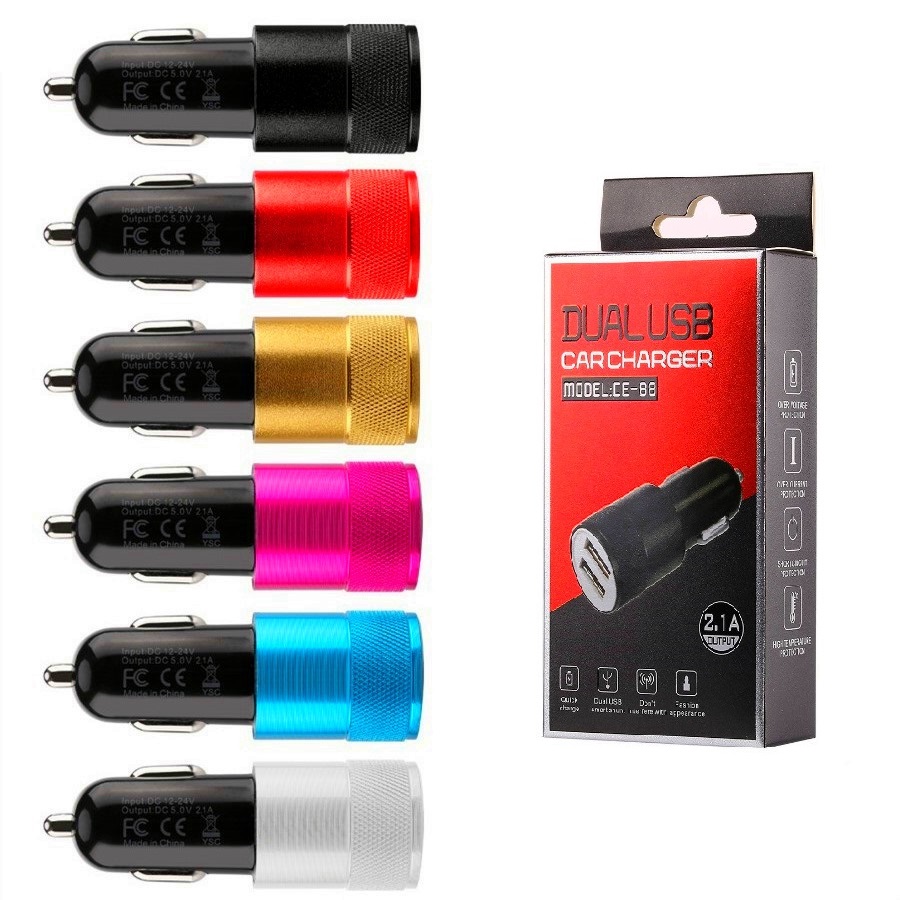 

Car charger Universal Dual usb ports Aluminium Alloy 2.1A Auto power adapter for iphone Samsung huawei mp3 pc gps with box