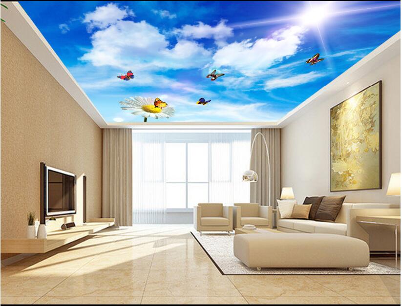 

WDBH 3d ceiling mural wallpaper custom photo Blue sky white clouds butterfly living room home decor 3d wall murals wallpaper for walls 3 d, Non-woven