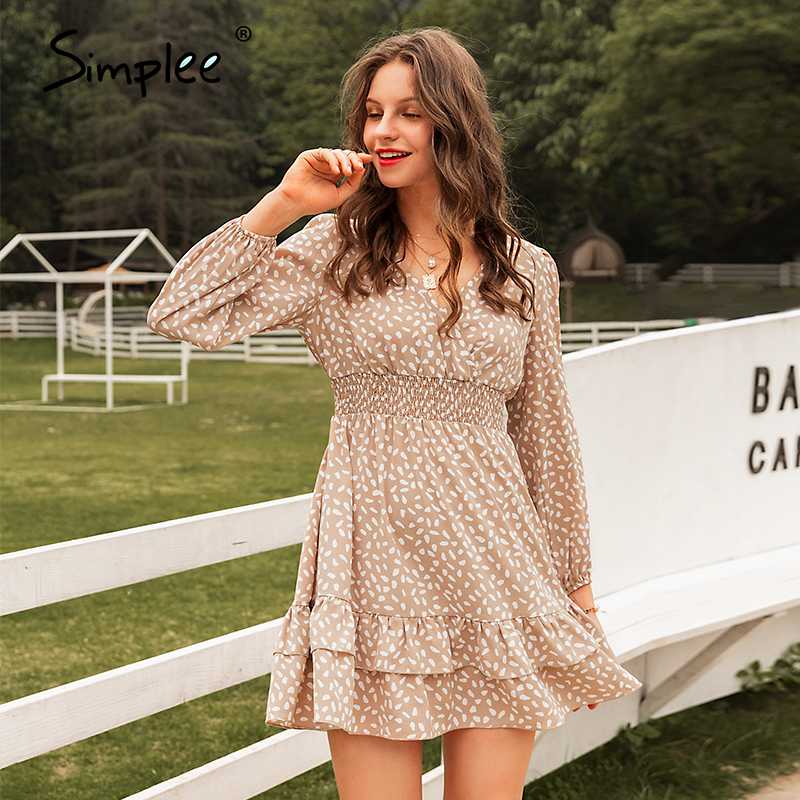 

Simplee floral print v neck women dress summer short sleeve high waist draped lace up vintage maxi long dresses vestidos 2020, Khaki