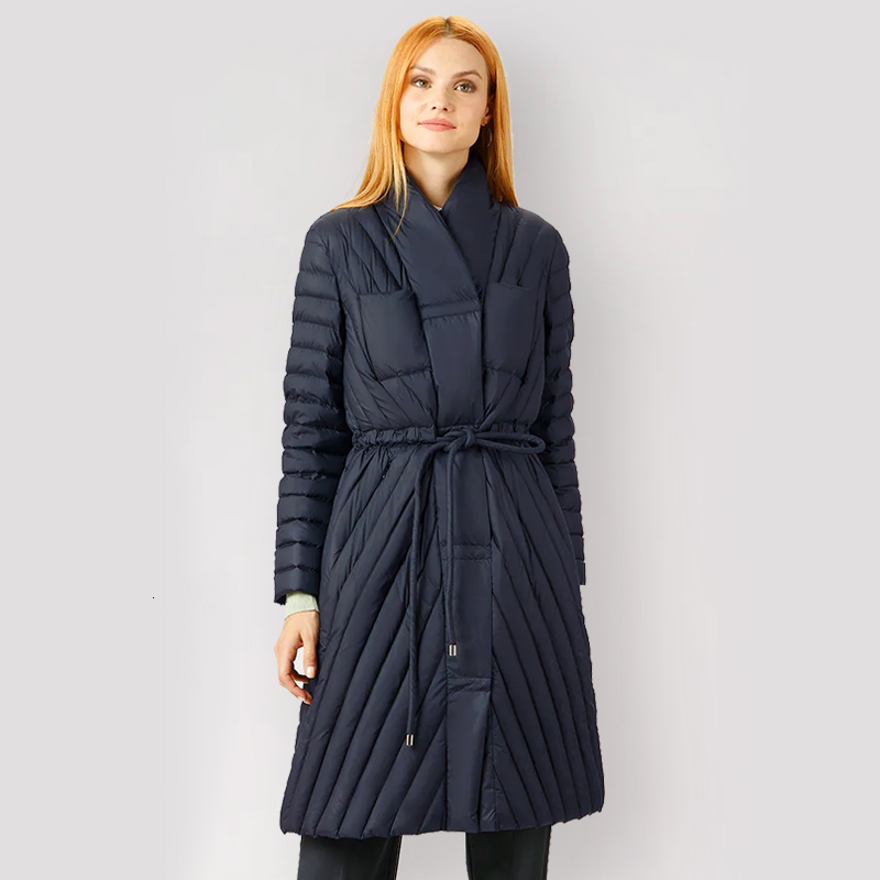 

2019 High Quality Spring Autum Women's Coat Wool splice Windproof Thin Women Parka Long Plus Size V-neck Cotton Jackets New, Darkblue