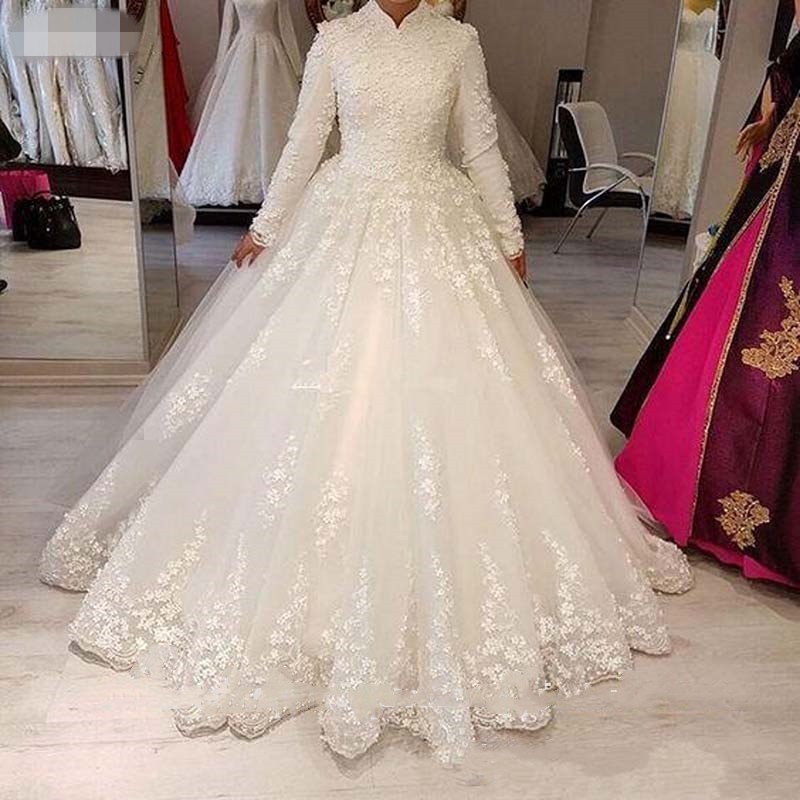 

2020 Luxury Vintage Muslim Wedding Dresses lace High Neck Long Sleeves White Appliques ruched Bride Dresses Bridal Gowns robe mariage, Pink