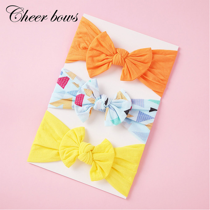 

Cheer Bows 3 Pcs/Sets Baby Soft Nylon Headband For Girls Solid Turban Bow Elastic Hairband Baby Princess Hair Accessories