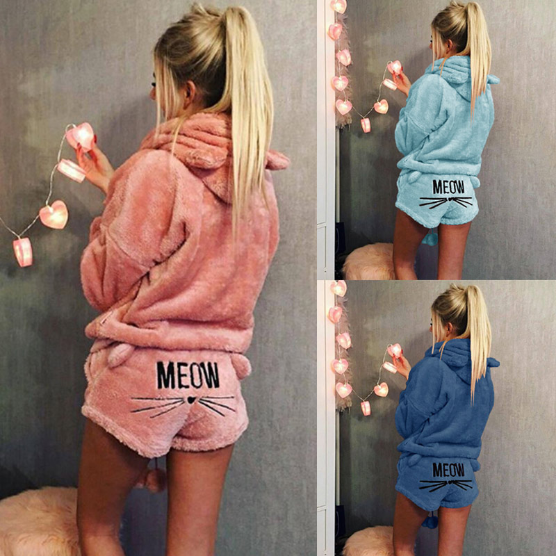 

Women Winter Warm Pajamas Suit Plush Hoodie Cute Cartoon Cat Pattern Shorts IK88, Apricot