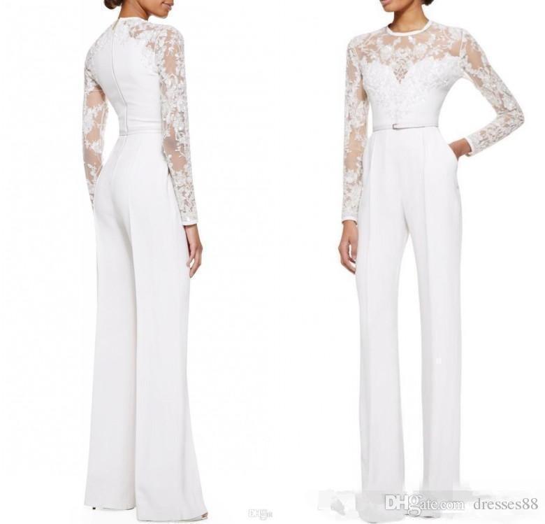 

2019 New Ivory Mother Of The Bride Pant Suits Jumpsuit With Long Sleeves Lace Embellished Women Formal Evening Wear Custom Made
