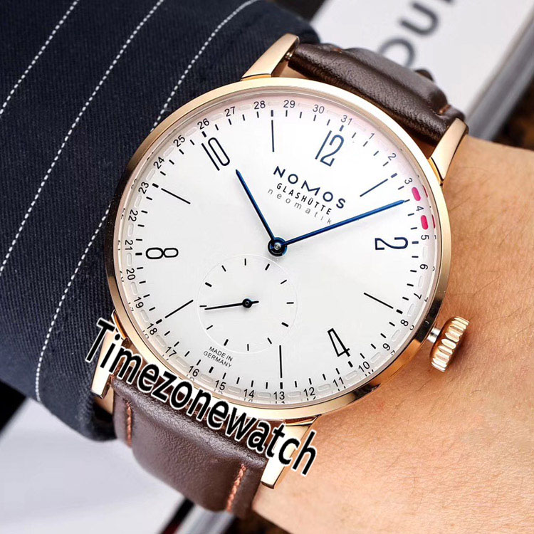

New Nomos Tangente 180 Glashotte Neomatik Automatic Mens Watch Rose Gold White Dial Number Stick Markers Brown Leather Strap Timezonewatch, Slivery;brown