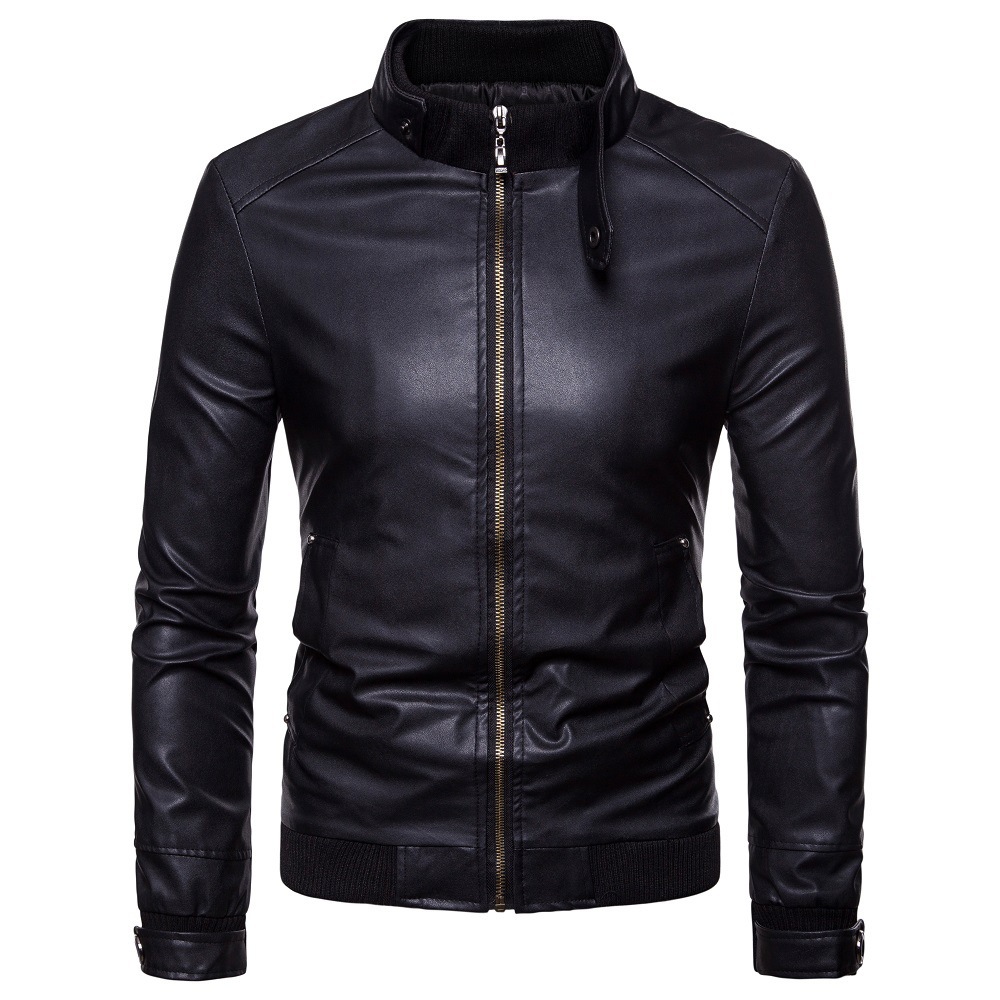 

Autumn Winter Mens Stand Collar PU Leather Jacket Fashion Korean Black Motorcycle Jacket with Zipper Faux Leather Coat Plus Size