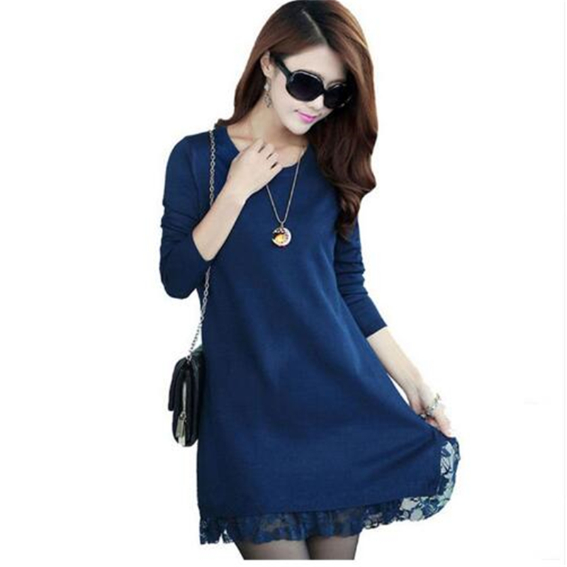 

High Quality 2019 New Autumn Thick Dress Women Casual Slim Lace Dress Winter Long-Sleeved Plus Size XXXL Sweaters K002, Black