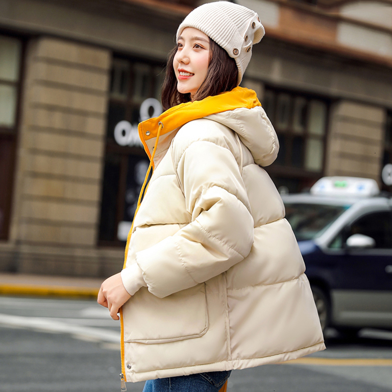 

Korean Style 2019 Women Winter Jacket Hooded Cotton Padded Loose Female Coat Short Parka High Quality, Beige