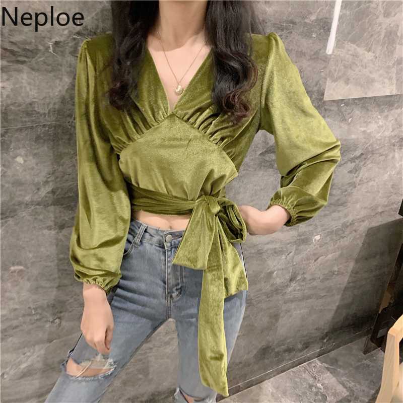 

Neploe 2020 Spring New Pleated V-neck Long Sleeve Velour Shirt Bow Bandage Slim High Waist Short Tops Women Velet Blusas 59110, Black