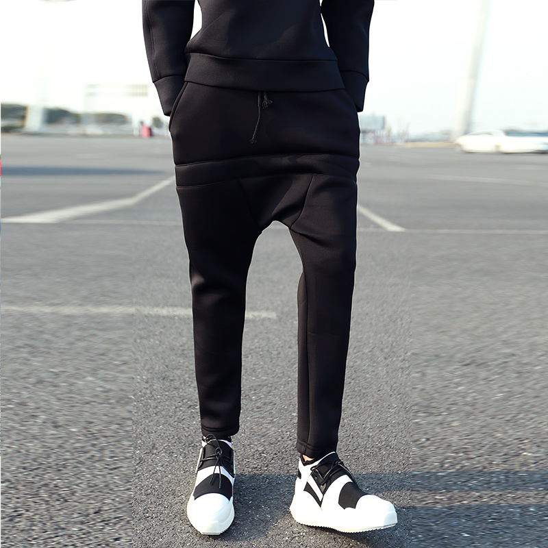 

27-44 2019 men clothing Hair Stylist fashion singer Non-mainstream Space Cotton Low Crotch Pants harem pants plus size costumes, Black