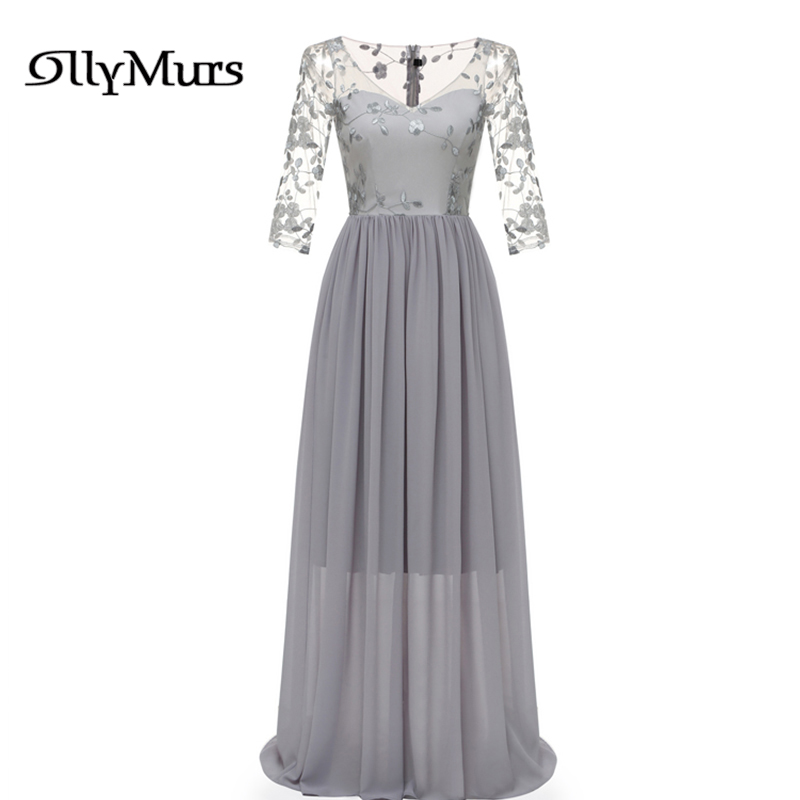 

Gray Prom Dress 2020 LR879 Prom Long Elegant Dresses Elegant Embroidery O-neck Women Party Gowns Summer Chiffon A Line Gown
