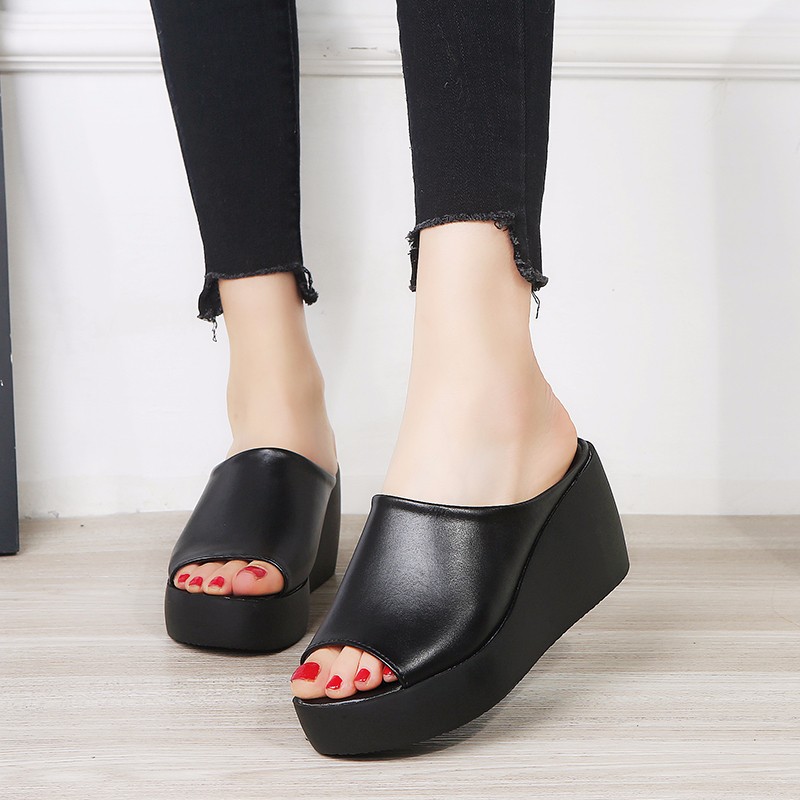 

Rimocy Women Thick Bottom Wedge Sandals Summer Fashion Soft Leather High Heels Slippers Woman Beach Casual Slides Mujer 2020, Black