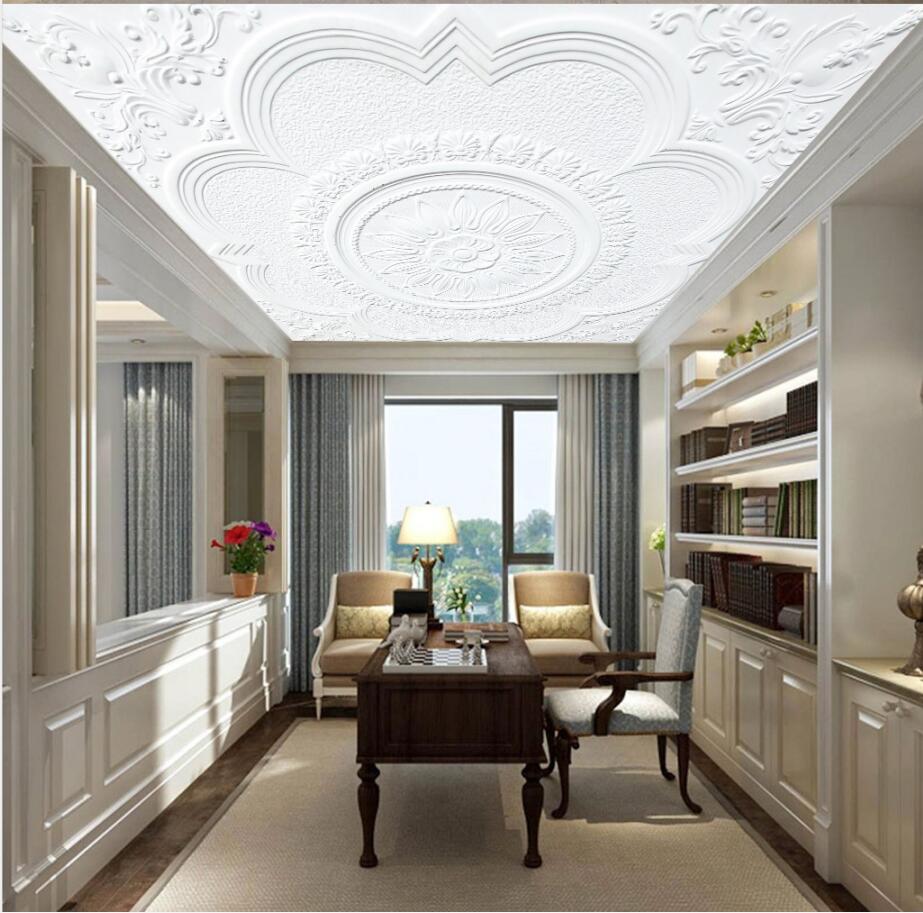 

European classic painting wallpaper relief plaster line 3d stereo ceiling background wall living style wallpaper, White
