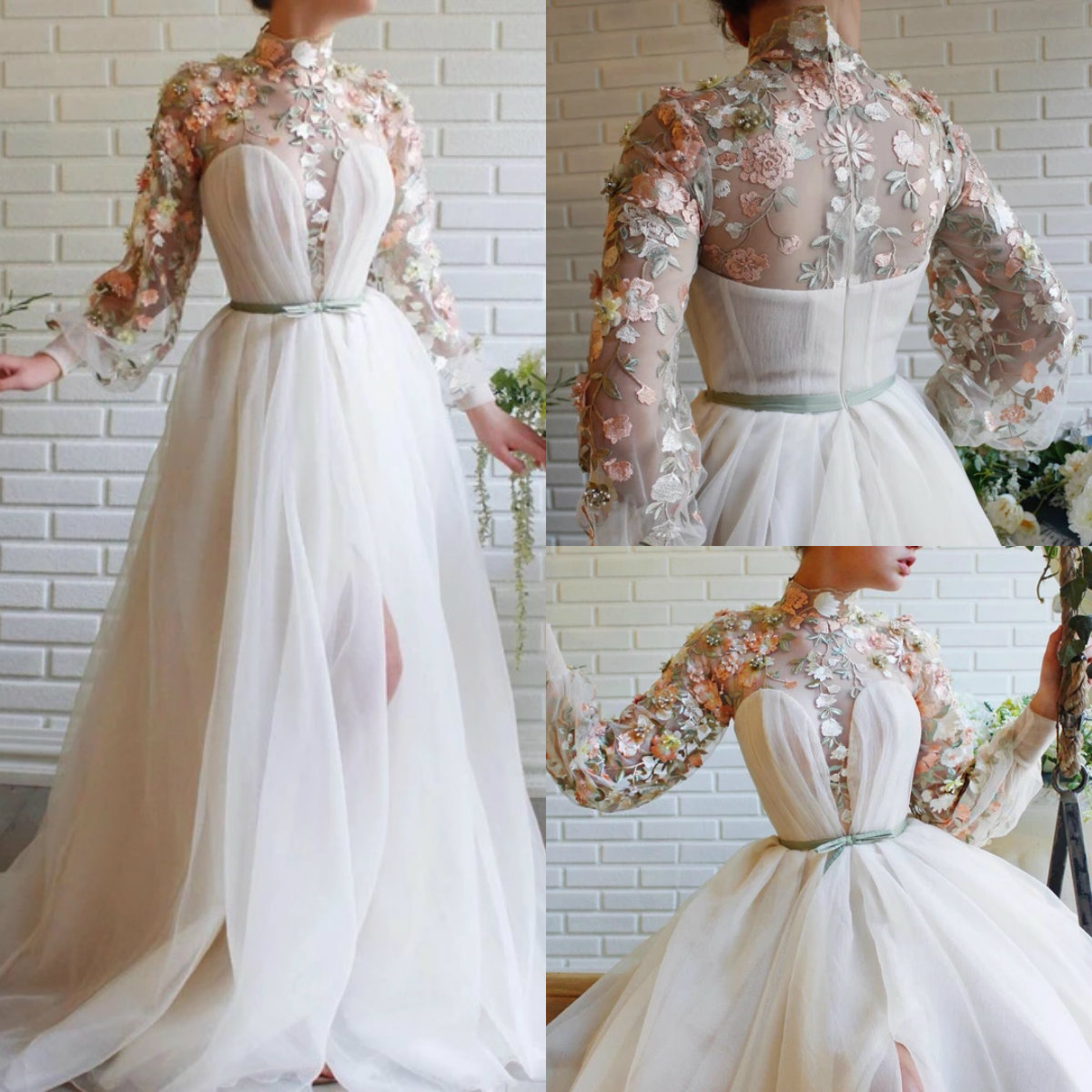 

2020 High Collar Prom Dresses Tulle Apppliques A Line Floor Length Split Evening Dress Custom Made Long Sleeve Formal Robes De Soirée, Chocolate