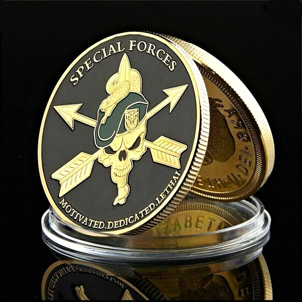 United States Army Special Forces Craft Green Beret Motivated Dedicated Lethal 1oz Gold Plated Challenge Coin-image-521795103