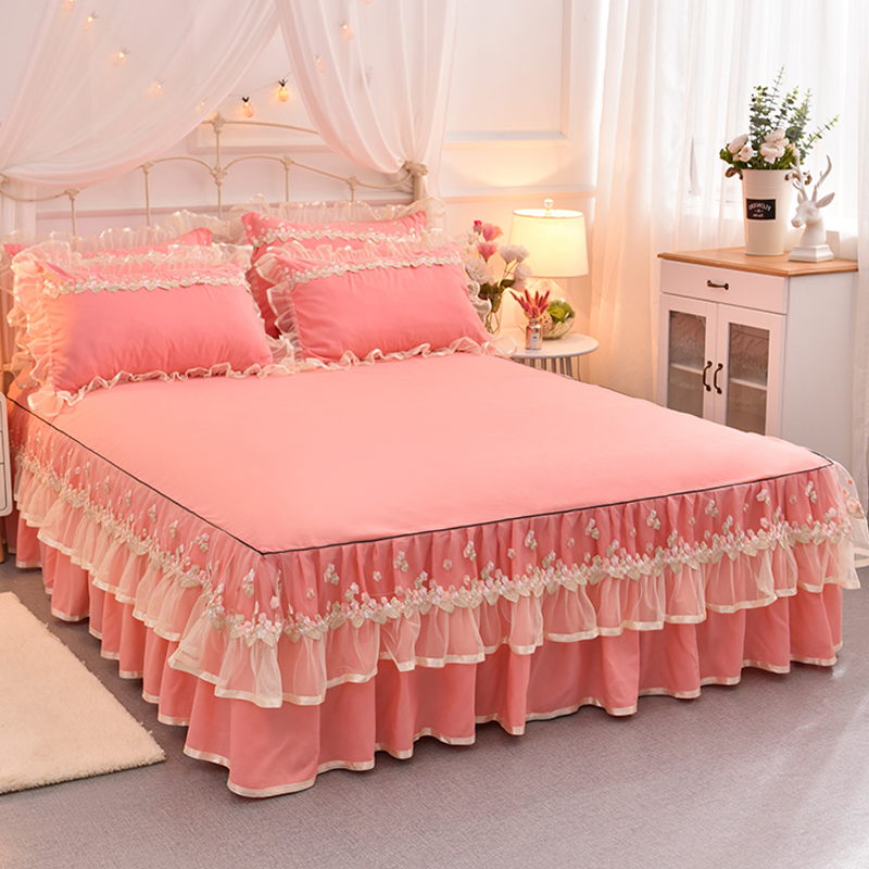 

Pink Beige Blue Lace Bed Skirt Home Textile Solid Princess Bedspread Pillowcases Korean Fitted sheet 1.5/1.8/2.0 Mattress Cover 3pcs/set