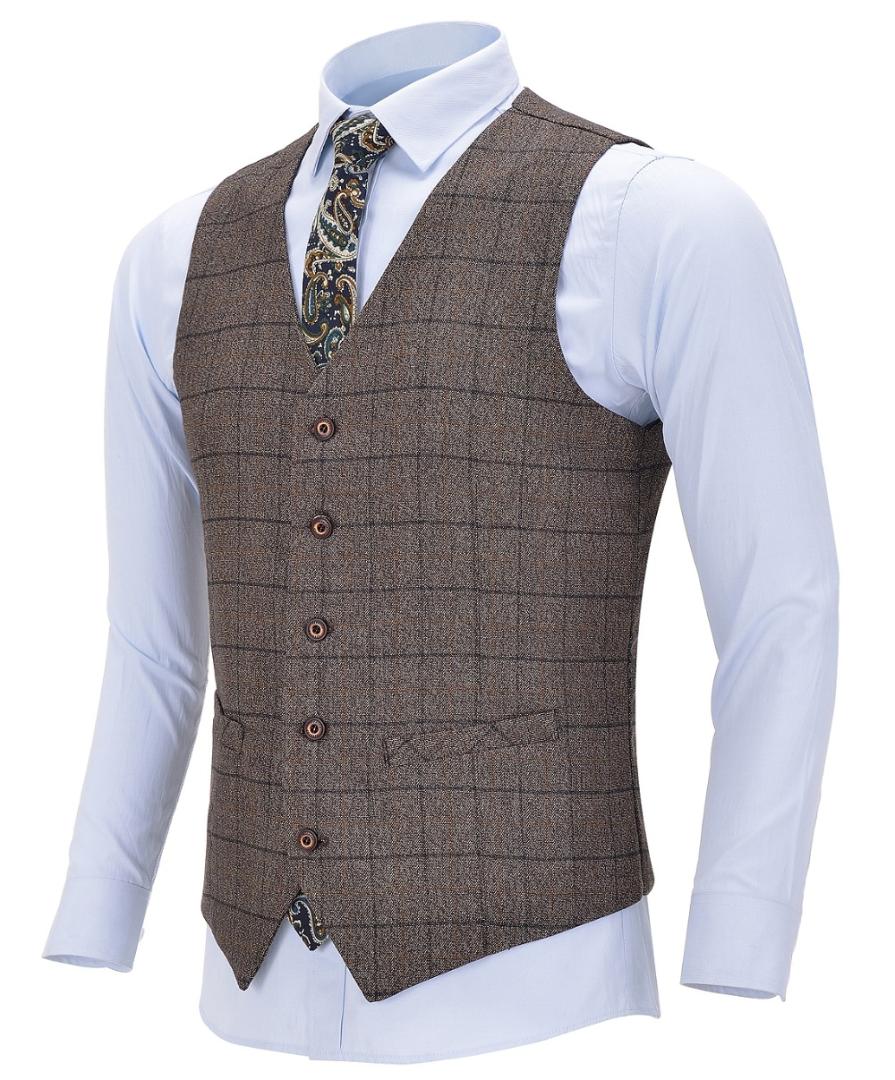 

Mens Business Vest Boutique Slim Fit Single-breasted Cotton Suit Wool Plaid Brown Waistcoat For Wedding Formal Vest Groomsmen, Picture color