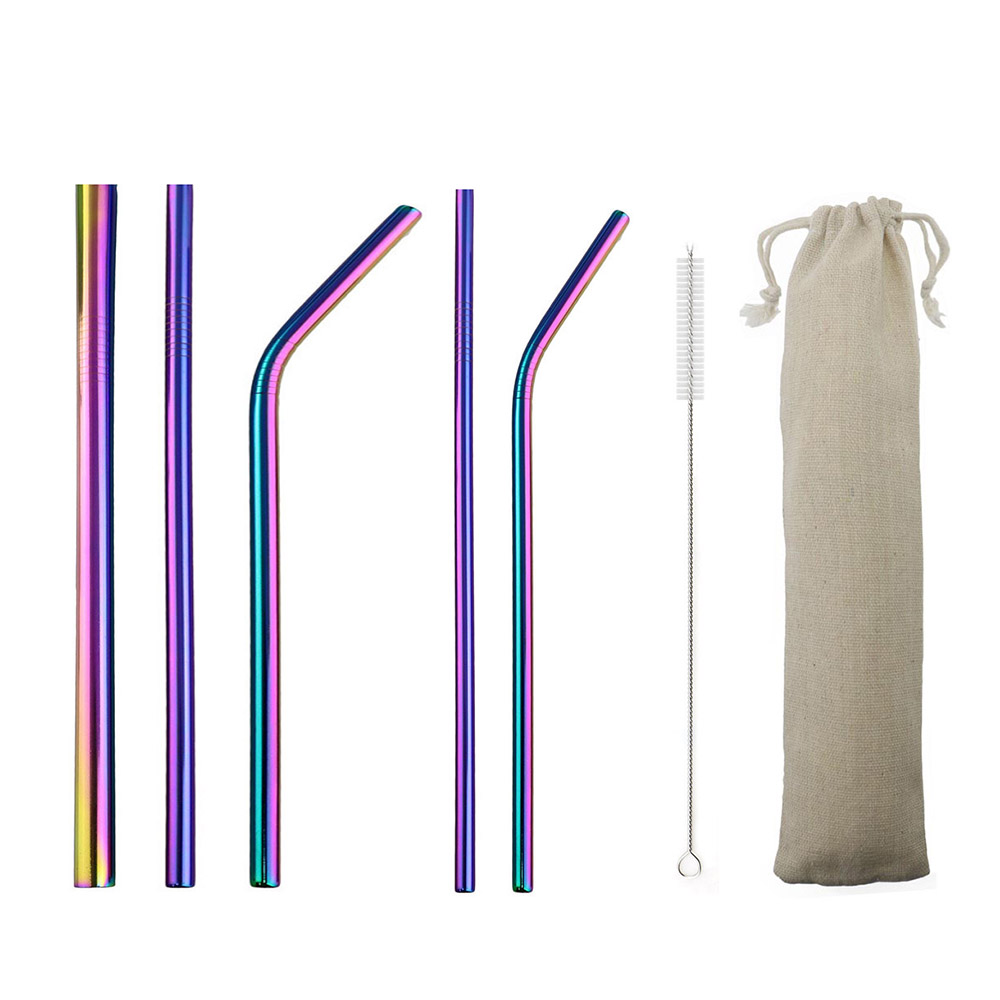 

Colorful Rainbow 6/8/12mm Reusable Milk Milk Fruit juice Straws 304 Stainless Steel Straw Metal with Cleaning Brush and Bag
