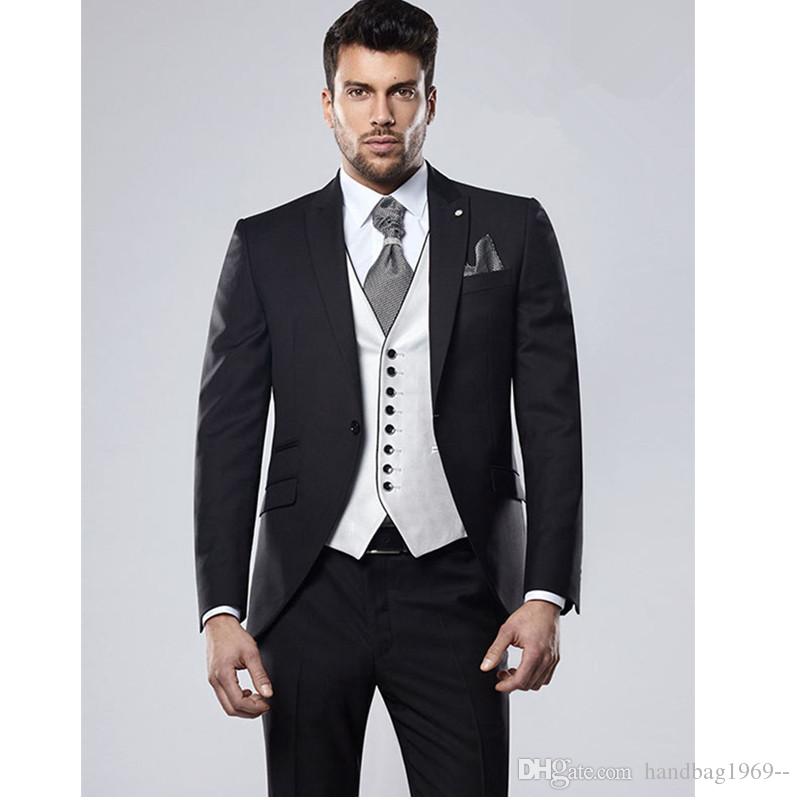 

Fashionable One Button Black Groom Tuxedos Peak Lapel Groomsmen Best Man Mens Wedding Suits (Jacket+Pants+Vest+Tie) D:219, Same as image