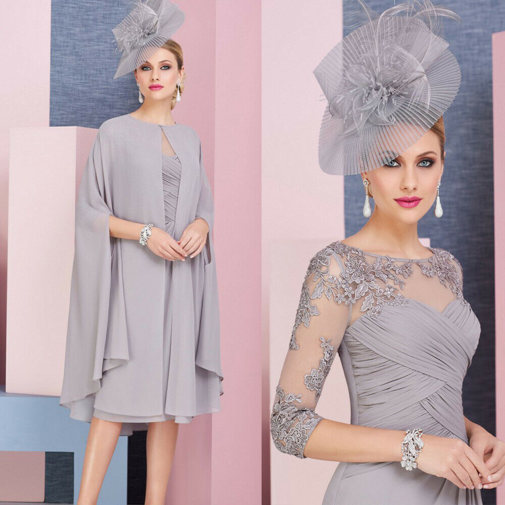 

2019 Tea Length Mother Of The Bride Dresses With Jacket Jewel Lace Appliqued Wedding Guest Dress 3/4 Long Sleeve A Line Chiffon