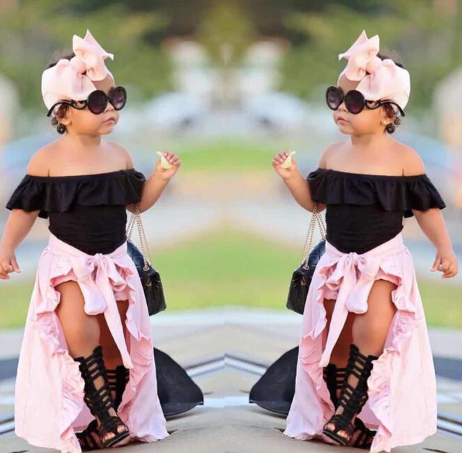 

Wholesale kids designer clothes girls Sets Summer baby girl designer clothes Off Shoulder T-shirt shorts Skirt Headband Outfits Set BY1025, 1lot=1set=4pcs